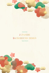 お祝いや慶事に使える和柄の縦型フレーム。高級感のある水引と植物の水彩背景/ベクター、イラスト