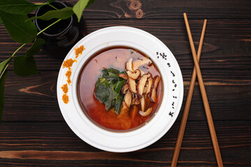 Classic miso soup wooden background