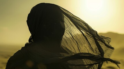The windswept headscarf appears to be a mirage in the desert almost blending in with the landscape.