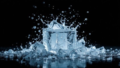 Cool refreshing water splashing dynamically with scattered ice cubes