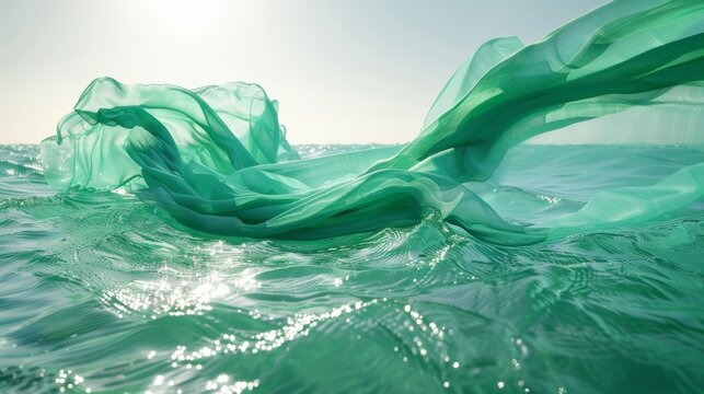 A silky emerald green piece of fabric slowly ebbs and flows in the gentle waves of a sparkling ocean.