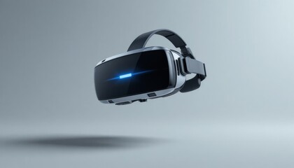 Modern virtual reality vr headset with glowing blue light on gray background