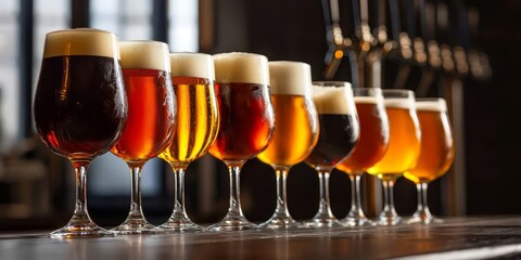 A blurred background enhances the beauty of diverse beers. 