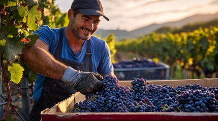 The winemaker expresses satisfaction as the fruitful harvest is gathered.