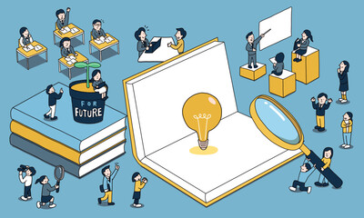 学生たちが学校や塾などでの学習を通じて未来・将来に向けた成長をするイラスト