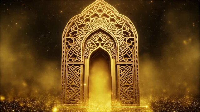Ornate golden archway with intricate Islamic geometric patterns and glowing light.
