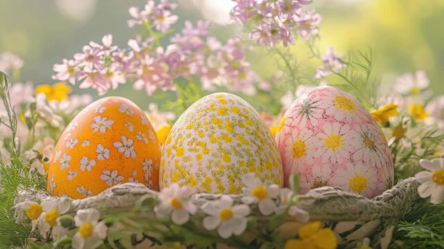 Easter eggs with a floral pattern and vibrant colors, suggesting celebration of the holiday.