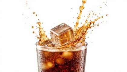 Ice cube splashing into a glass of cola soda drink with bubbles