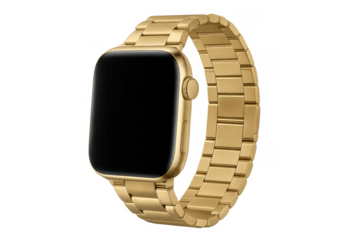 Golden smart watch displaying a blank black screen