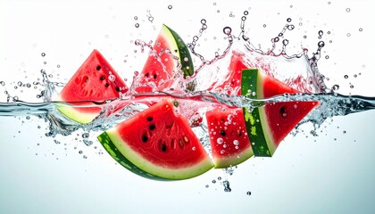 맑은 물에 튀기는 신선한 수박 조각 Fresh watermelon slices splashing into clear water