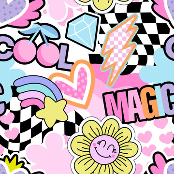 Seamless pattern with hand draw words, slogan, heart and signs. Bright  neon Abstract print on pink background for wrapping, textile, apparel. Vector illustration for teen girl.