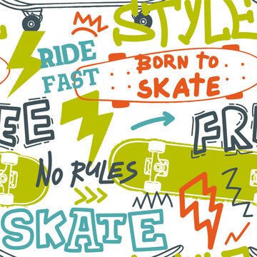 Grunge vector illustration with skateboard and words on white background  for boys. Bright neon print. Seamless pattern