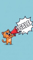 Cartoon Cat Announcing Sale with Megaphone on Blue Background.