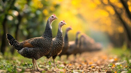 A serene line of speckled domestic fowl gracefully strolling along a sun-dappled path in a vibrant, golden-lit natural habitat, showcasing their beautiful patterned plumage under a warm glow