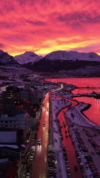 Church In Ushuaia Fin Del Mundo Argentina. Aerial View Of A High-Rise Buildings And Traffic Showcasing Urban Life. Outdoor Travel Patagonia Glacier. Snow Covered Aerial View. Ushuaia Fin del Mundo.