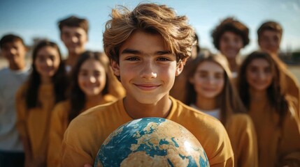 A hopeful young boy holds a miniature Earth, symbolizing the future generation's commitment to global responsibility and a sustainable planet
