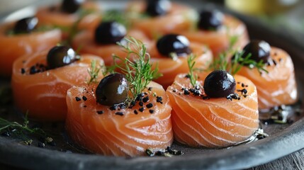 Elegant salmon rolls with black olives, fresh dill, and sesame seeds arranged on a platter, perfect for a sophisticated appetizer or special occasion