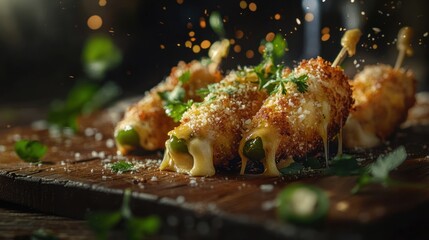 Mouthwatering Fried Jalapeno Poppers Overflowing with Melted Cheese and Garnished with Fresh Herbs