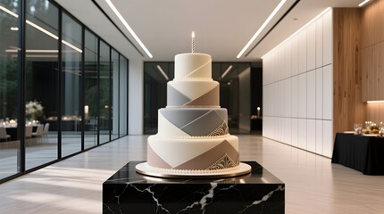 happy birthday cake on an elegant modern display in a corporate event space