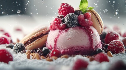 Delicious Pink Ice Cream Sundae Adorned with Fresh Berries and Macarons on a Snowy Background