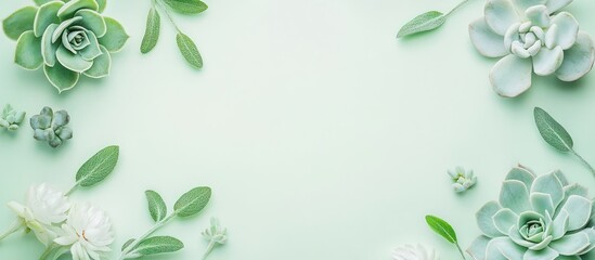Lush green succulents and delicate botanical leaves artfully frame a serene mint-colored background, creating a tranquil natural border with ample copy space for design projects and calming aesthetics