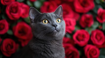 A captivating close-up of a beautiful grey cat with bright yellow eyes, set against a backdrop of vibrant red roses, evoking a sense of elegance and natural beauty