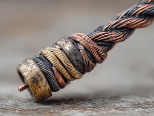 Intricate Close-Up of a Twisted Metal Cable with Detailed Texture