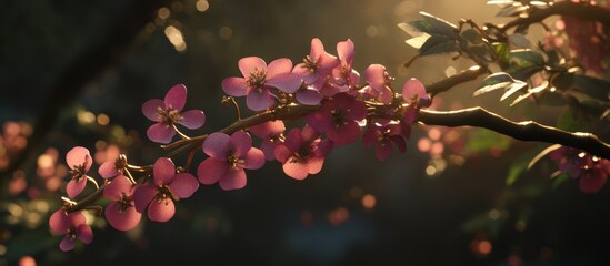 Delicate pink blossoms on a sunlit branch, illuminated by the golden rays of dawn, heralding the gentle arrival of spring's tender embrace and natural beauty