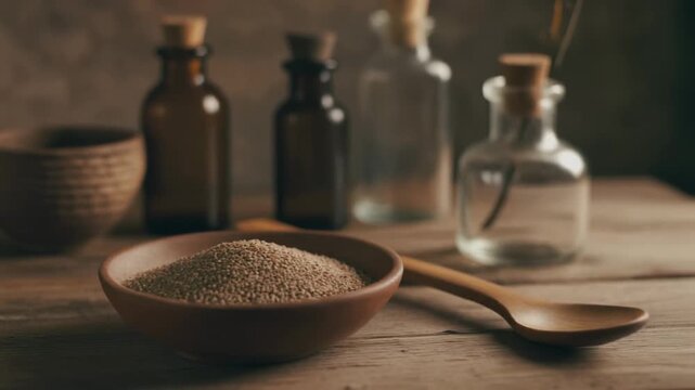 A cozy rustic tabletop setup featuring a bowl of coarse granules, a handcrafted wooden spoon