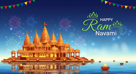Vibrant Watercolor Celebration of Ram Navami with Temple and Floating Lamps