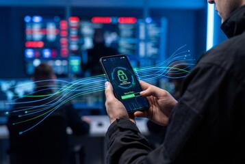 Security specialist holding smartphone with data protection app in futuristic cyber control center