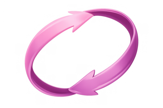 Pink 3d rotation arrows forming a circular cycle, symbolizing refresh, update, loop, and continuous progress with transparent background - Powered by Adobe