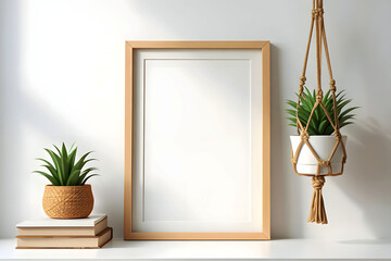 Wall art mockup, Modern minimalist indoor decor with a blank frame, potted plant, and macrame hanger