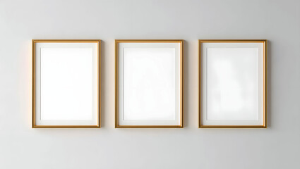 Wall art mockup, Three elegant golden frames hanging on a clean white wall for artwork display mockup
