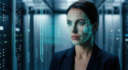 Woman experiencing biometric facial recognition scanning in data center