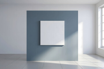 Wall art mockup, A modern minimalist interior design with a blank white canvas on a stylish blue-grey wall