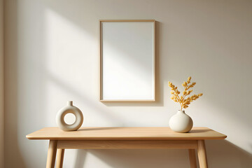 Wall art mockup, Minimalist interior design featuring a wooden table with decorative vases and soft light
