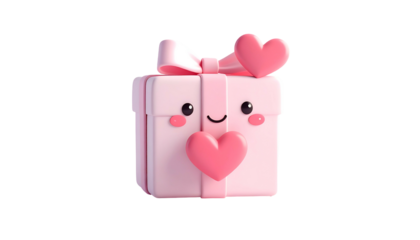Cute pink gift box with hearts and a smiling face, floating on a black background