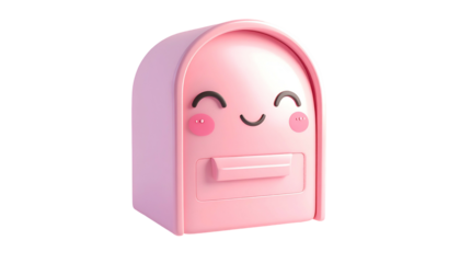 A smiling, pastel pink mailbox with rosy cheeks, and black background