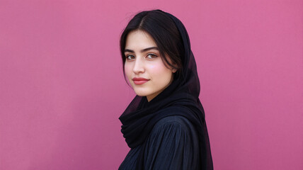 Portrait of young woman wearing black hijab against pink background looking at camera