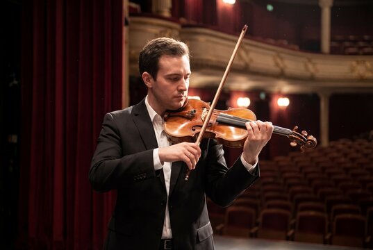 Focused male violinist playing classical music on stage in an elegant concert hall with red curtains