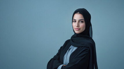 Portrait of confident young woman wearing black hijab and business outfit against blue background with crossed arms looking at camera