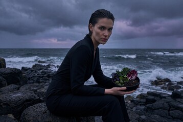 Serious woman in black jumpsuit sitting on rocky coast holding bowl of fresh salad near stormy sea