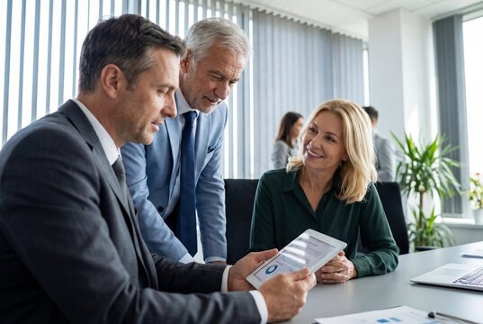 Three corporate professionals discussing business data on a digital tablet in a modern office meeting - Powered by Adobe