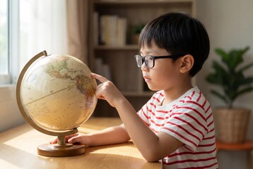 Young asian boy with glasses pointing at a world globe while learning geography at a desk by a window