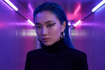 Young asian woman with blue hair and graphic eyeliner standing in a purple neon futuristic corridor