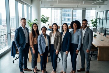 Obraz premium Diverse group of seven business professionals standing together in a bright modern corporate office