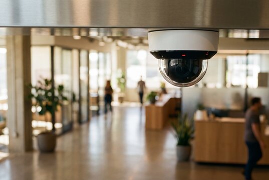 Modern white security camera mounted on the ceiling of a busy corporate office lobby