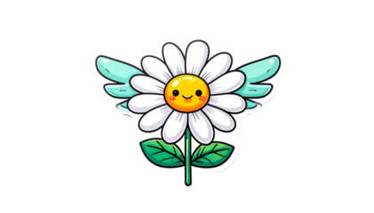 Cartoon daisy with a smiling face, angel wings, on a stem with leaves