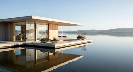 Fototapeta premium Luxurious modern residence perfectly situated over calm water, showcasing sleek architecture and stunning natural reflections